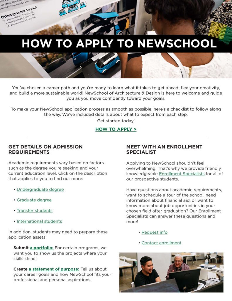 Checklist on how to apply to NewSchool of Architecture & Design in San Diego, CA.