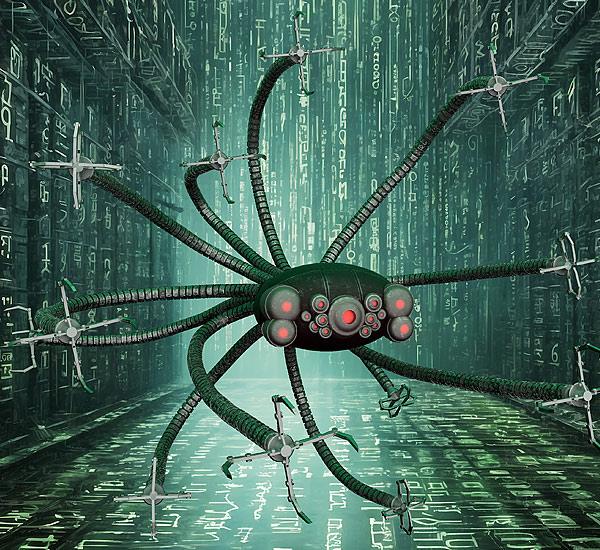 a 3d design of a spider-monster on the matrix script background