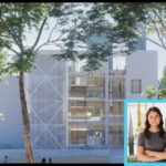 Photo of NewSchool alum Emi Nevara on top of a rendering of her award-winning design of a school campus with a modern, white facade