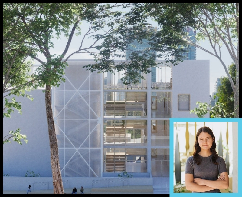 Photo of NewSchool alum Emi Nevara on top of a rendering of her award-winning design of a school campus with a modern, white facade