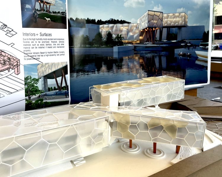 A model of a new hall for the NMMST in Taiwan, inspired by the ocean, designed by a NewSchool of Architecture & Design student