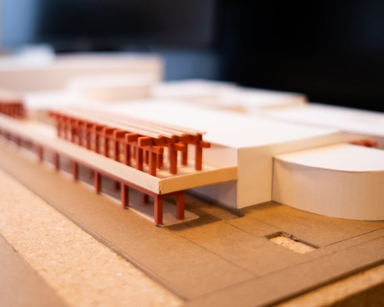 Wooden model of a building called Resort designed by a graduate architecture student at NewSchool of Architecture & Design