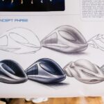 Sketched concept designs for a sleek and futuristic trolley in San Diego, created by a product design student at NewSchool of Architecture & Design