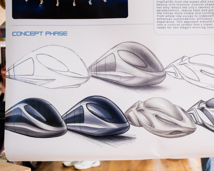 Sketched concept designs for a sleek and futuristic trolley in San Diego, created by a product design student at NewSchool of Architecture & Design