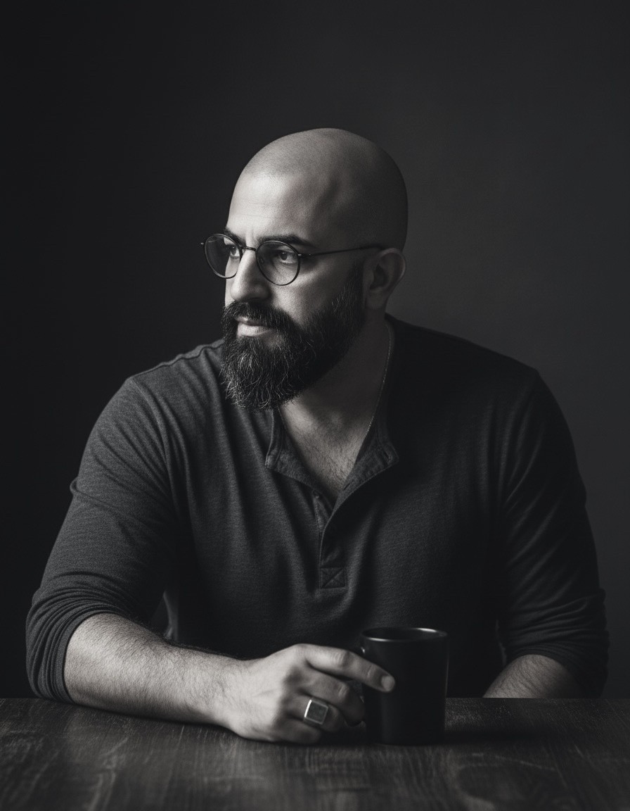 Black and white photo of Mehdi Taghavi