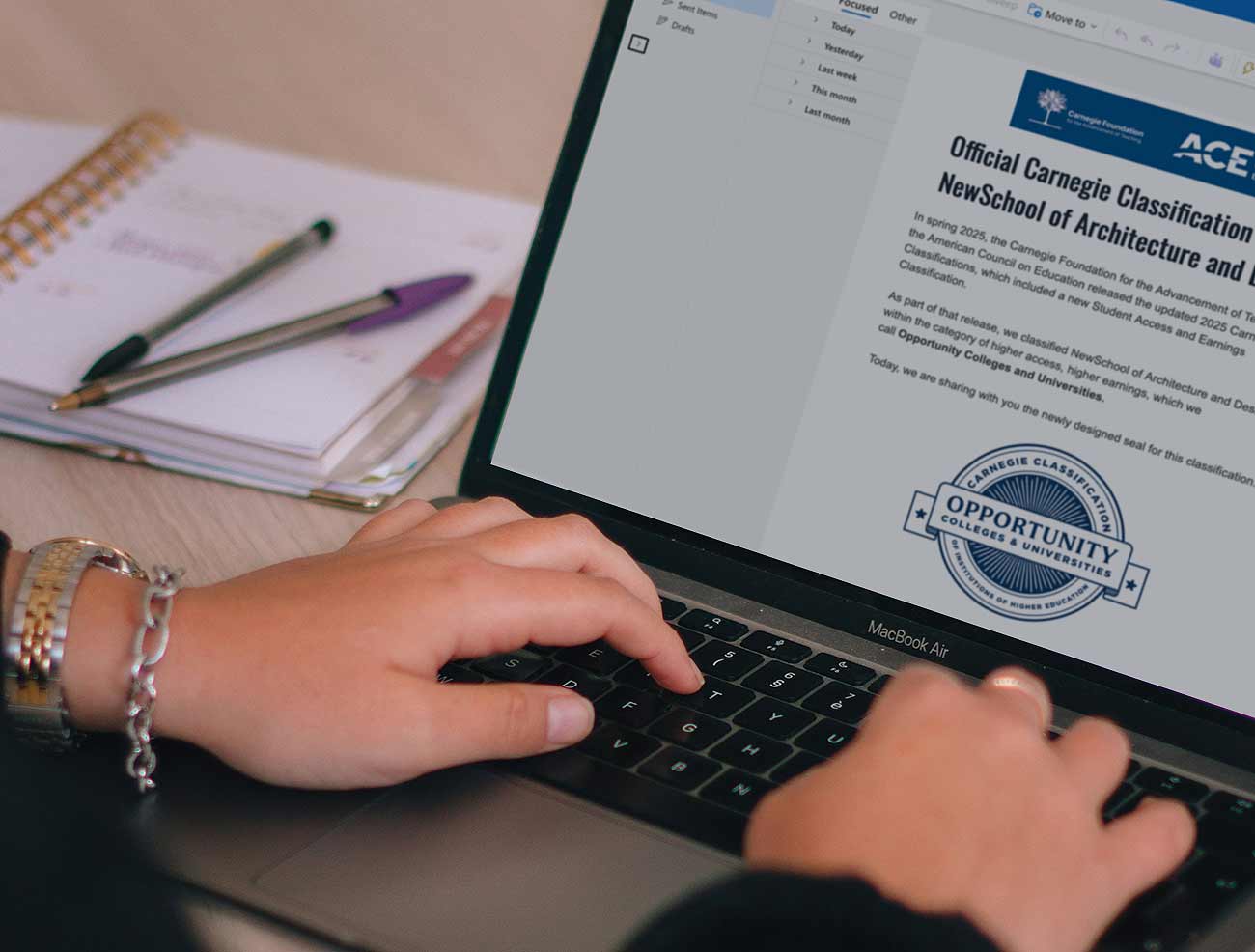 Laptop screen showing Carnegie's email announcing the recognition