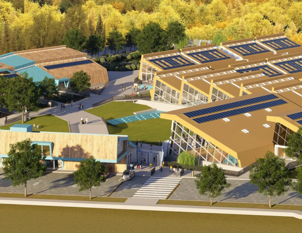 A rendering of a school from a bird's eye view.