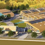 A rendering of a school from a bird's eye view.