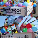 Two pictures of NewSchool's Pride Parade float