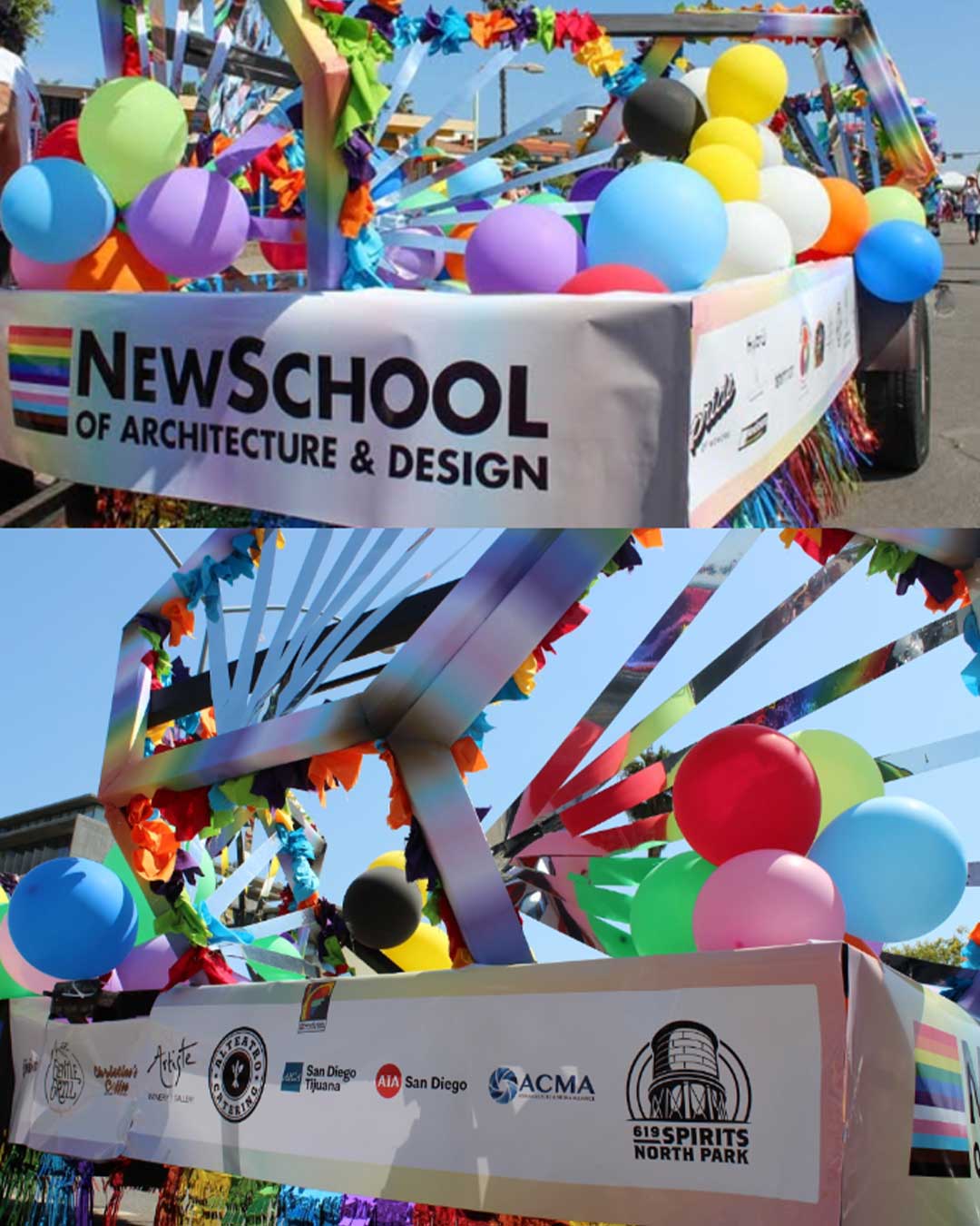 Two pictures of NewSchool's Pride Parade float